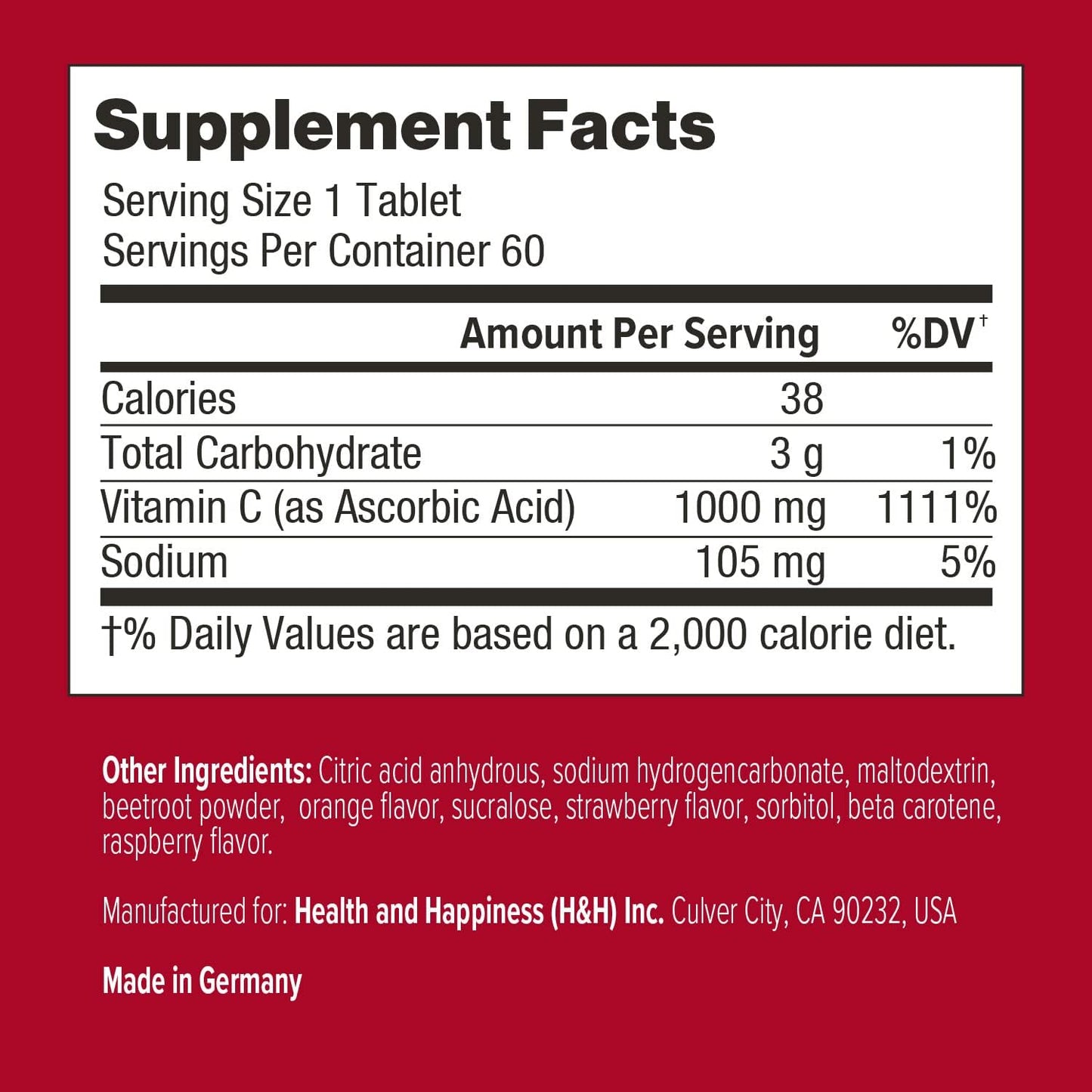 Supplement facts label with detailed nutritional information on a red background