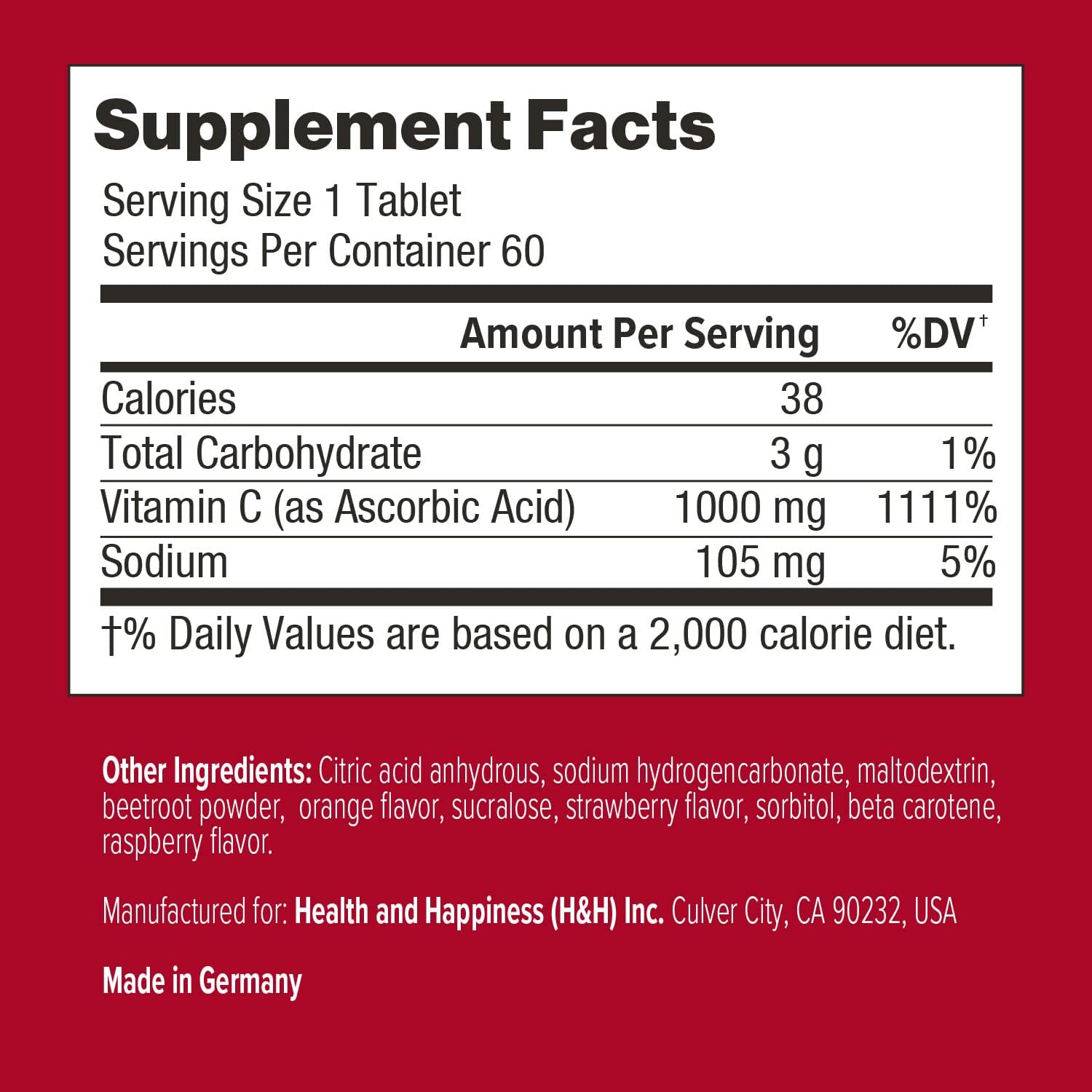 Supplement facts label with detailed nutritional information on a red background
