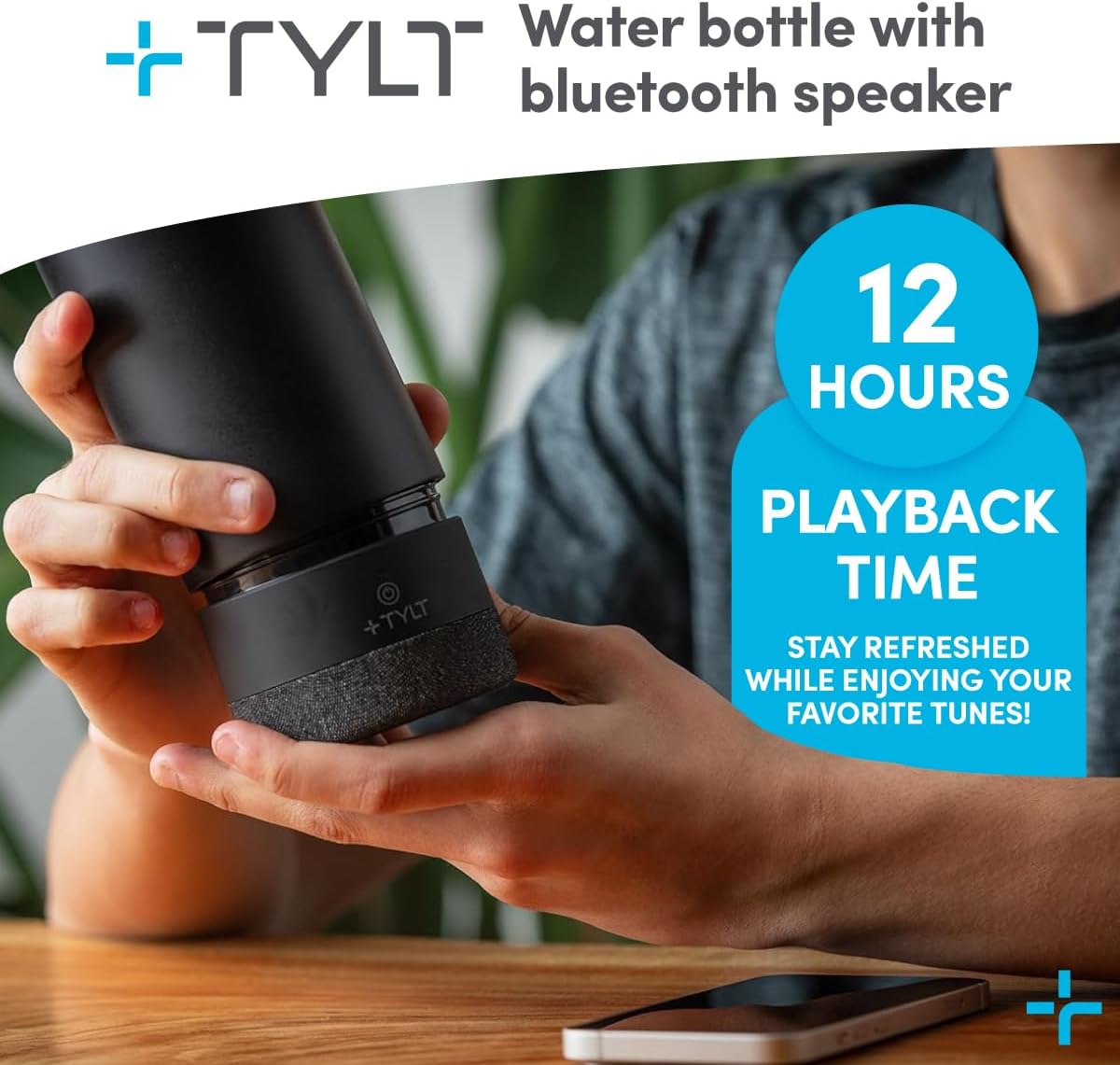 Black water bottle with Bluetooth speaker held by a person, with TYLT branding and product features highlighted.