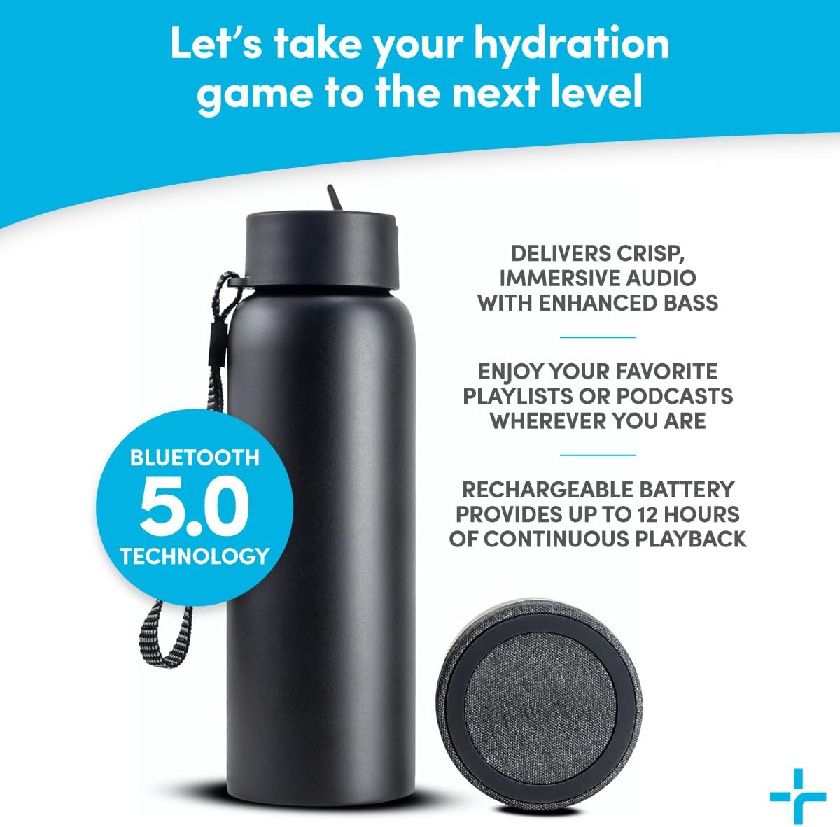Black water bottle with Bluetooth speaker attachment on a white background