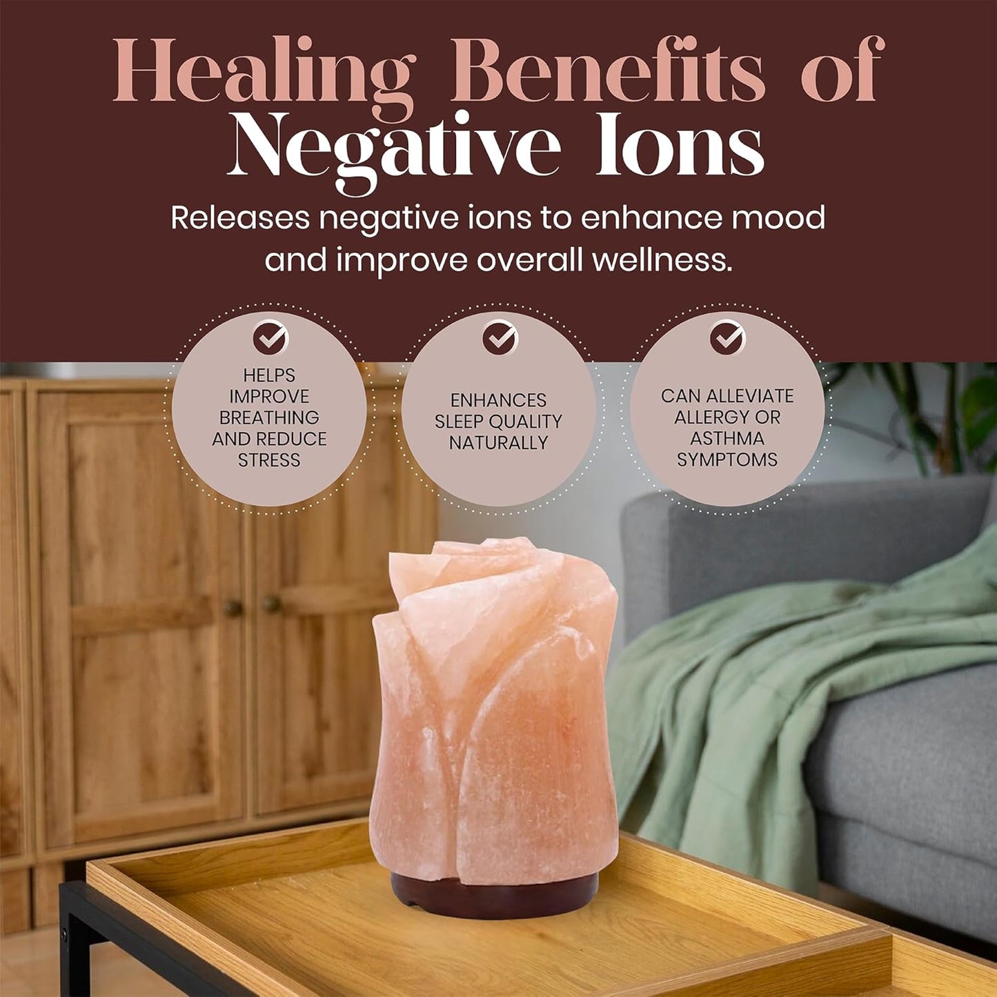 Himalayan salt lamp on a wooden table with text about healing benefits of negative ions.