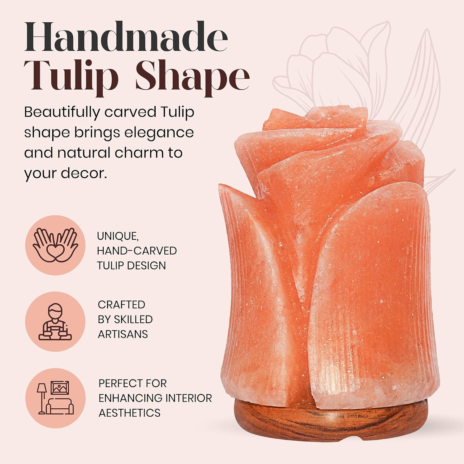 Handmade tulip-shaped salt lamp with text highlighting its features on a light pink background.
