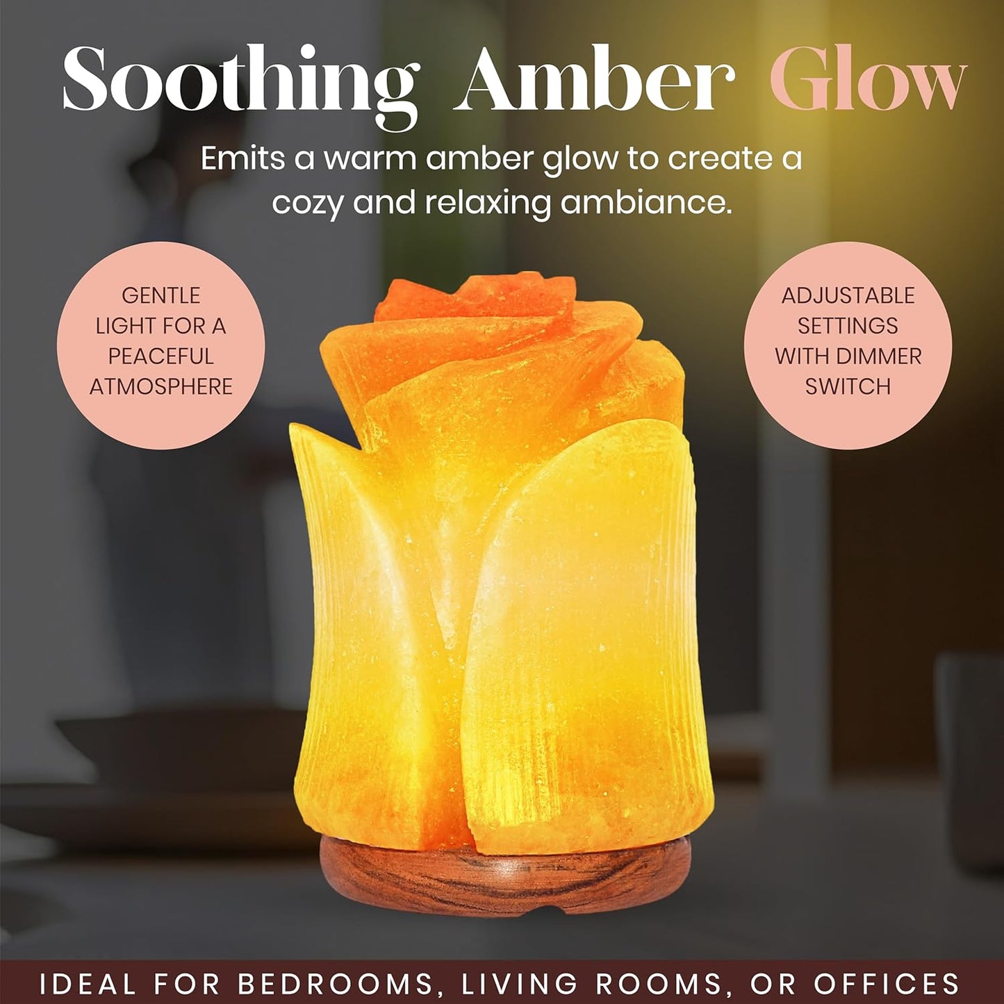 Decorative lamp emitting a warm amber glow with text describing its features and uses.