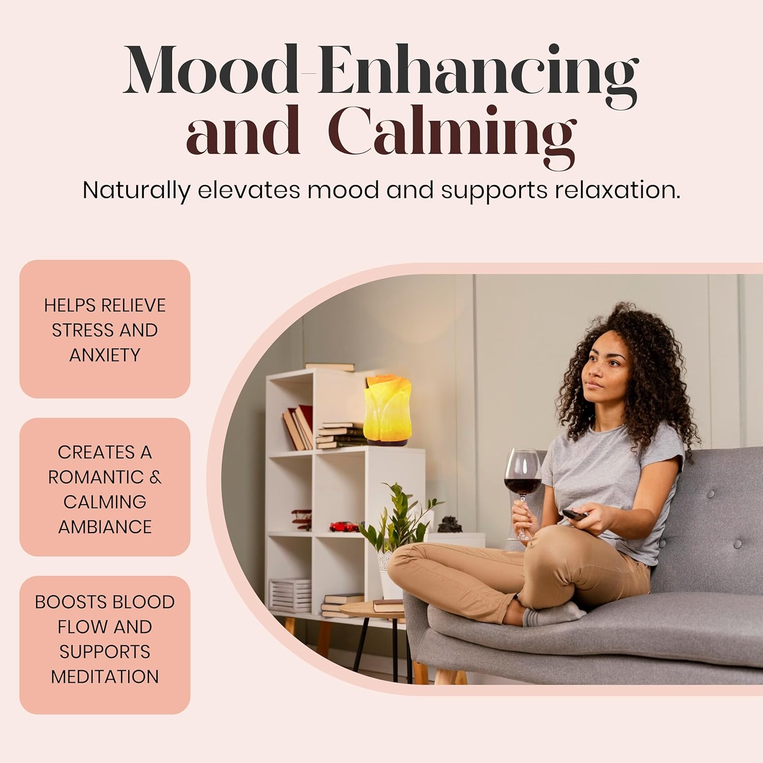 Woman sitting on a couch with a glass of wine, surrounded by text about mood-enhancing and calming effects.