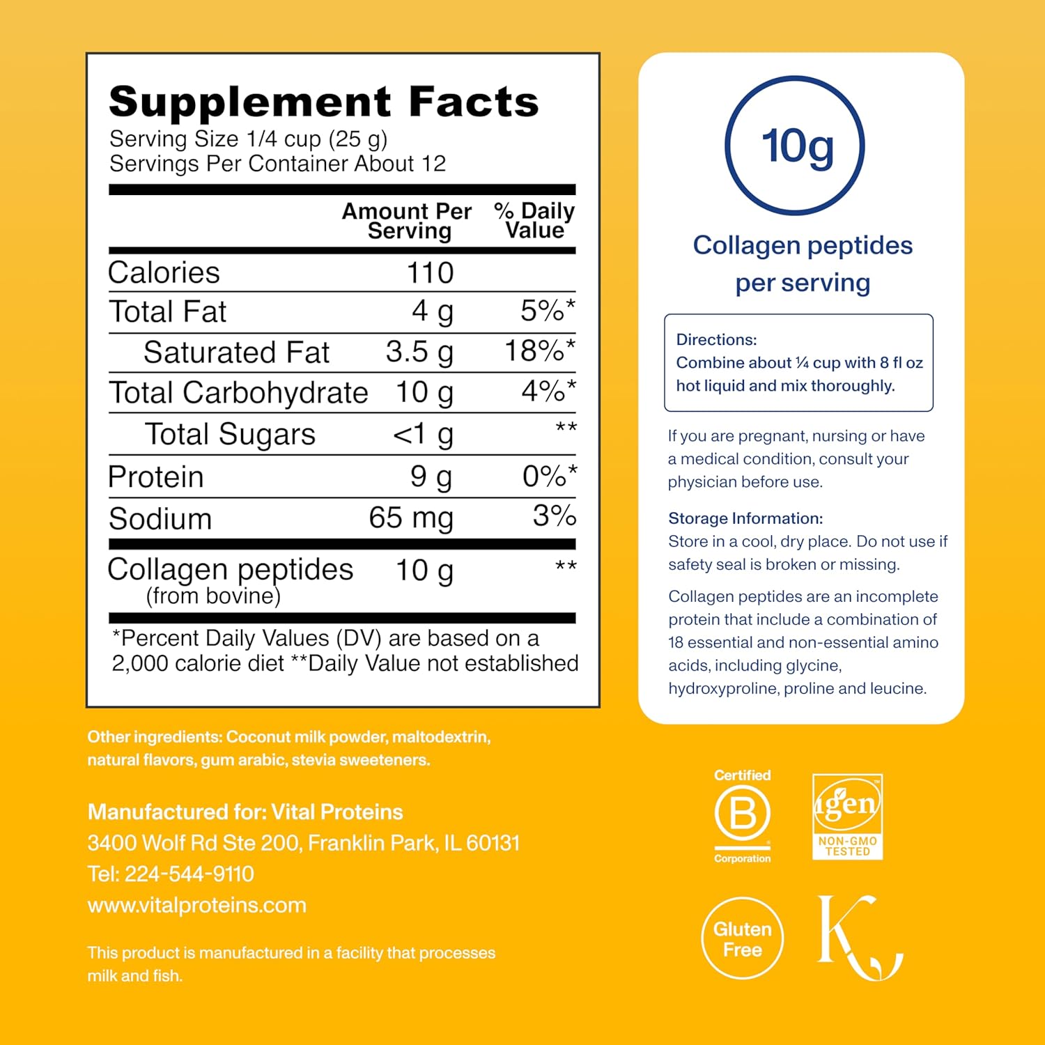 Supplement facts label with collagen peptides on a yellow background
