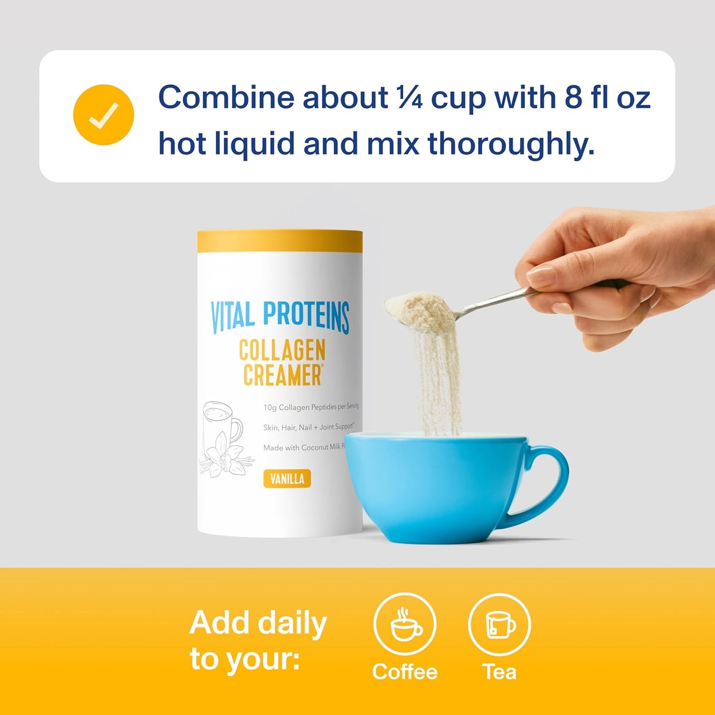 Vital Proteins Collagen Creamer being added to a blue mug with text on how to use it.