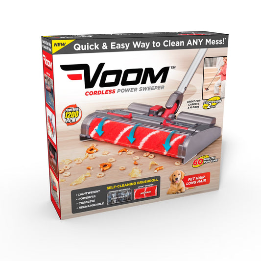 VOOM cordless power sweeper packaging on a white background
